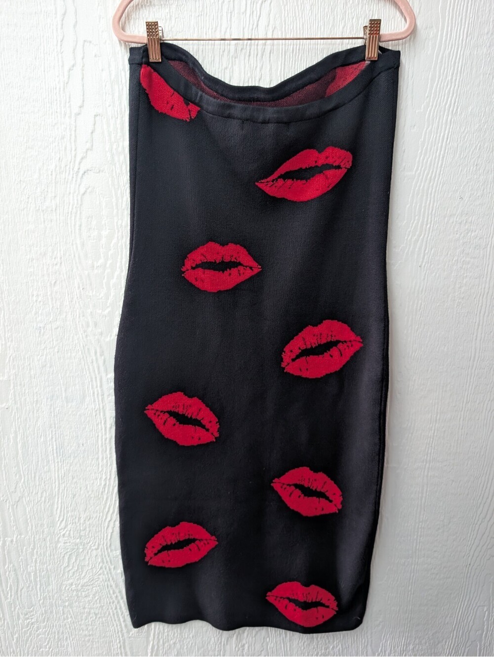 Madden Girl Black Knit Strapless Bodycon Midi Dress Red Lips Club Date Romantic - Picture 4 of 7